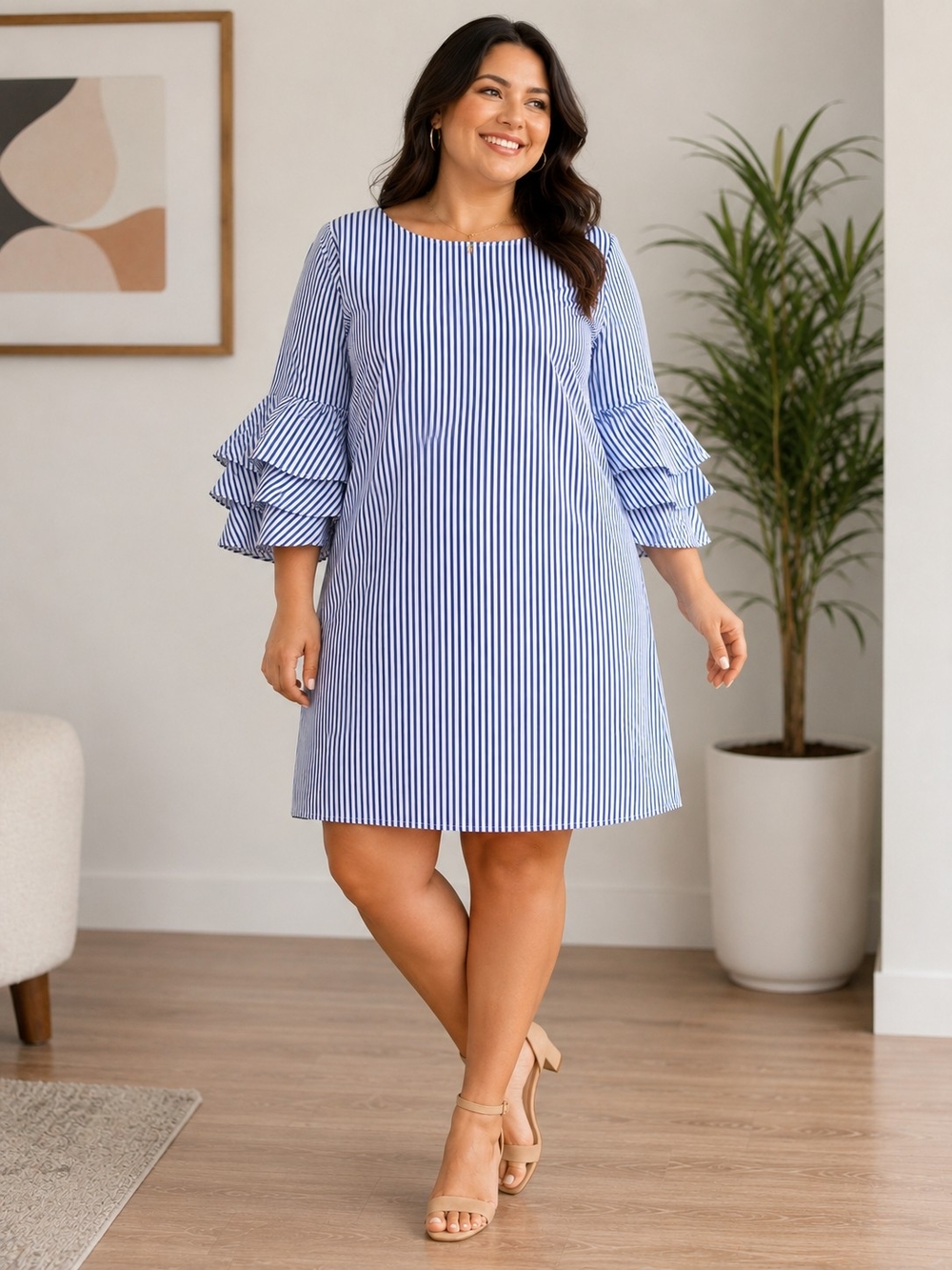 Chico's Blue & White Striped Ruffle Sleeve Shift Dress Size 14